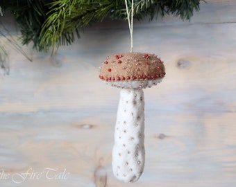 Felt and velvet mushroom Christmas ornament, Glass seed beads, Beaded, Embroidered