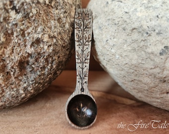 Tiny Wood Burned Spice Spoon: Floral Kitchen Witch Beechwood; 1/4 tsp