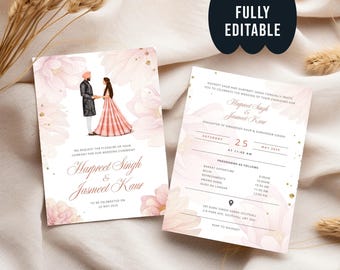 Sikh Wedding Invitation Template Editable Punjabi Wedding Card Anand Karaj Invite Digital Download DIY Wedding Invitation Pink Floral Design
