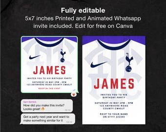 Edytowalne animowane zaproszenie na imprezę Tottenham Hotspurs | Cyfrowe zaproszenie na urodziny piłkarskie | Zaproszenie na imprezę WhatsApp Spurs | Motyw Spurs