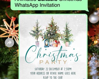 Puede incluir: Una invitación digital para una fiesta de Navidad con una ilustración de acuarela de tres árboles de Navidad, una linterna y regalos. El texto dice "Christmas Party" e incluye la fecha y la hora: sábado 22 de diciembre a las 7:30 PM. La invitación también incluye el texto "Your address or venue name goes here" y "RSVP to the chat".
