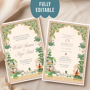 Modèle de faire-part de mariage indien modifiable, carte de mariage punjabi, Anand Karaj, invitation en téléchargement numérique, faire-part de mariage bricolage design moghol