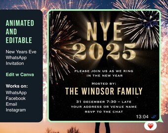 Modello di invito per la festa di Capodanno animato Invito per la festa di Capodanno digitale Invito per fuochi d'artificio neri e oro Invito per la celebrazione di Capodanno per dispositivi mobili