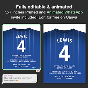 May include: A blue and white soccer jersey with the name "Lewis" and the number "4" printed on the front. The jersey is a template for a birthday party invitation. The text "INVITES YOU TO HIS 4TH BIRTHDAY PARTY" is printed on the jersey. The text "SATURDAY 20 MAY 3PM - 5PM" is printed on the jersey. The text "123 ANYWHERE ROAD STATE ZIPCODE" is printed on the jersey. The text "RSVP TO YOUR NAME ON 07111 222345" is printed on the jersey.