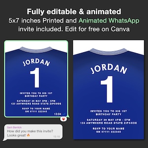 Puede incluir: Una camiseta de fútbol azul y blanca con el nombre "JORDAN" y el número "1" impreso en ella. La camiseta se utiliza como plantilla para una invitación a una fiesta de cumpleaños. El texto de la invitación incluye la fecha, la hora y el lugar de la fiesta. El texto también incluye la frase "INVITES YOU TO HIS 1ST BIRTHDAY PARTY".