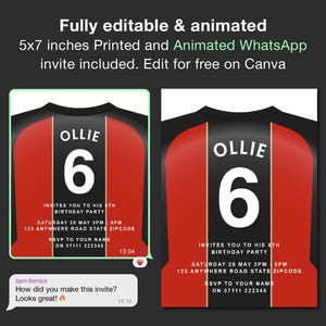 Può includere: Un invito digitale per una festa di compleanno di 6 anni. L'invito presenta una maglia da calcio rossa e nera con il nome "Ollie" e il numero "6" sul retro. Il testo dell'invito recita: "Invites you to his 6th birthday party. Saturday 20 May 3PM - 6PM. 123 Anywhere Road State Zipcode. RSVP to your name on 07111 222345."