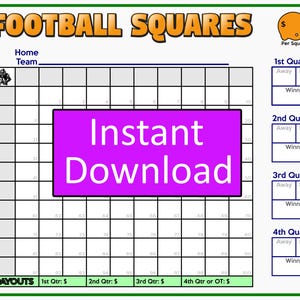 May include: A printable football squares game template with a purple "Instant Download" button. The template includes a 10x10 grid for players to fill in their selections for each quarter of a football game. The template also includes spaces for the home and away teams, the winner of each quarter, and the payout for each quarter.