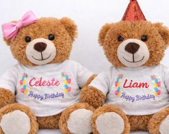 Personalized Birthday Teddy Bear, Custom Name Plush with Balloons, Embroidered Shirt keepsake