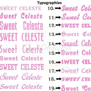Może przedstawiać: Tabela zatytułowana Typographies przedstawia dziewiętnaście r&oacute;żnych r&oacute;żowych styl&oacute;w czcionek, z kt&oacute;rych każdy jest ponumerowany i opatrzony czarną strzałką wskazującą tekst Sweet Celeste. Lista zawiera r&oacute;żnorodne kroje szeryfowe, bezszeryfowe i skryptowe.