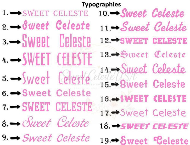 Może przedstawiać: Tabela zatytułowana Typographies przedstawia dziewiętnaście r&oacute;żnych r&oacute;żowych styl&oacute;w czcionek, z kt&oacute;rych każdy jest ponumerowany i opatrzony czarną strzałką wskazującą tekst Sweet Celeste. Lista zawiera r&oacute;żnorodne kroje szeryfowe, bezszeryfowe i skryptowe.