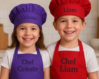 Personalisiertes Kinderkochset, bestickte Schürze und Kochmütze für kleine Köche