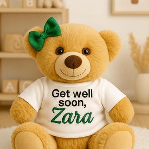 Custom Teddy Bear Embroidered Get Well Soon and Name, Optional Bow