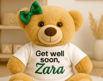 Custom Teddy Bear Embroidered Get Well Soon and Name, Optional Bow