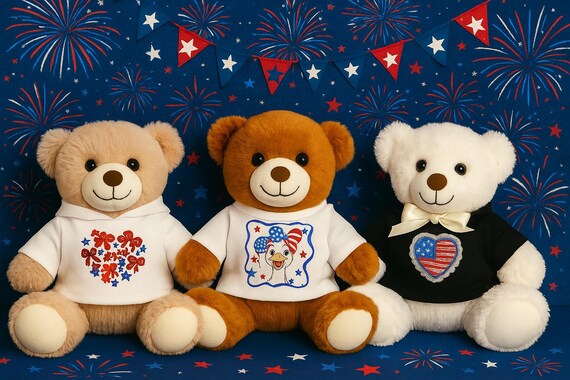 Teddy Bear with Embroidered White Shirt – 4th of July Patriotic Gift – Kids Gift – Independence Day USA – Custom