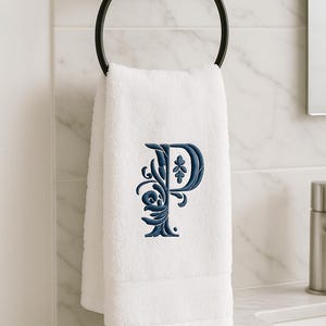 Personalized Hand Towel with Embroidered Initial – Elegant Monogram Gift – Baroque Letter Design – Custom Bathroom Decor