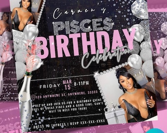 Birthday Flyer Template Happy Birthday Flyer, Editable Birthday Flyer, Birthday Girl Invitation, Birthday Invite Template, Pisces Birthday