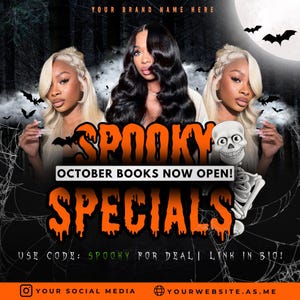 Op de afbeelding: Een Halloween-thema promotionele afbeelding met drie vrouwen, vleermuizen en een volle maan. De tekst luidt "Spooky October Books Now Open! Specials." Een skeletafbeelding is ook inbegrepen. Merknaam en social media-informatie staan boven en onder.