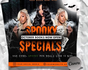 May include: A Halloween flyer with the word "Spooky" in orange, featuring three women and a skeleton. The flyer says "October Books Now Open! Specials" and includes social media handles and a Canva logo.