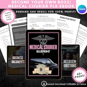 Pode incluir: Um ebook de marketing digital intitulado "The Medical Courier Blueprint" com um símbolo médico preto e branco, uma van preta e pilhas de dinheiro. O ebook faz parte de um conjunto maior de produtos digitais que inclui um modelo de plano de negócios, documentos comerciais, perguntas de entrevista e um modelo de e-mail. O ebook está disponível para download instantâneo e é editável no Canva. O ebook tem mais de 60 páginas.
