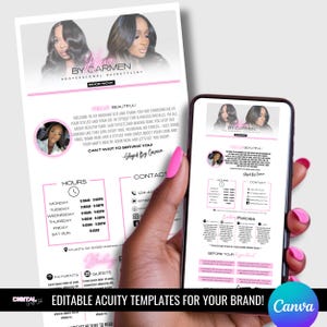 May include: A pink and black printable template for a hair stylist's booking site. The template features a photo of a woman with long black hair, the text "By Carmen", and the words "Professional Hairstylist". The template also includes a section for booking appointments, contact information, hours of operation, and payment methods.