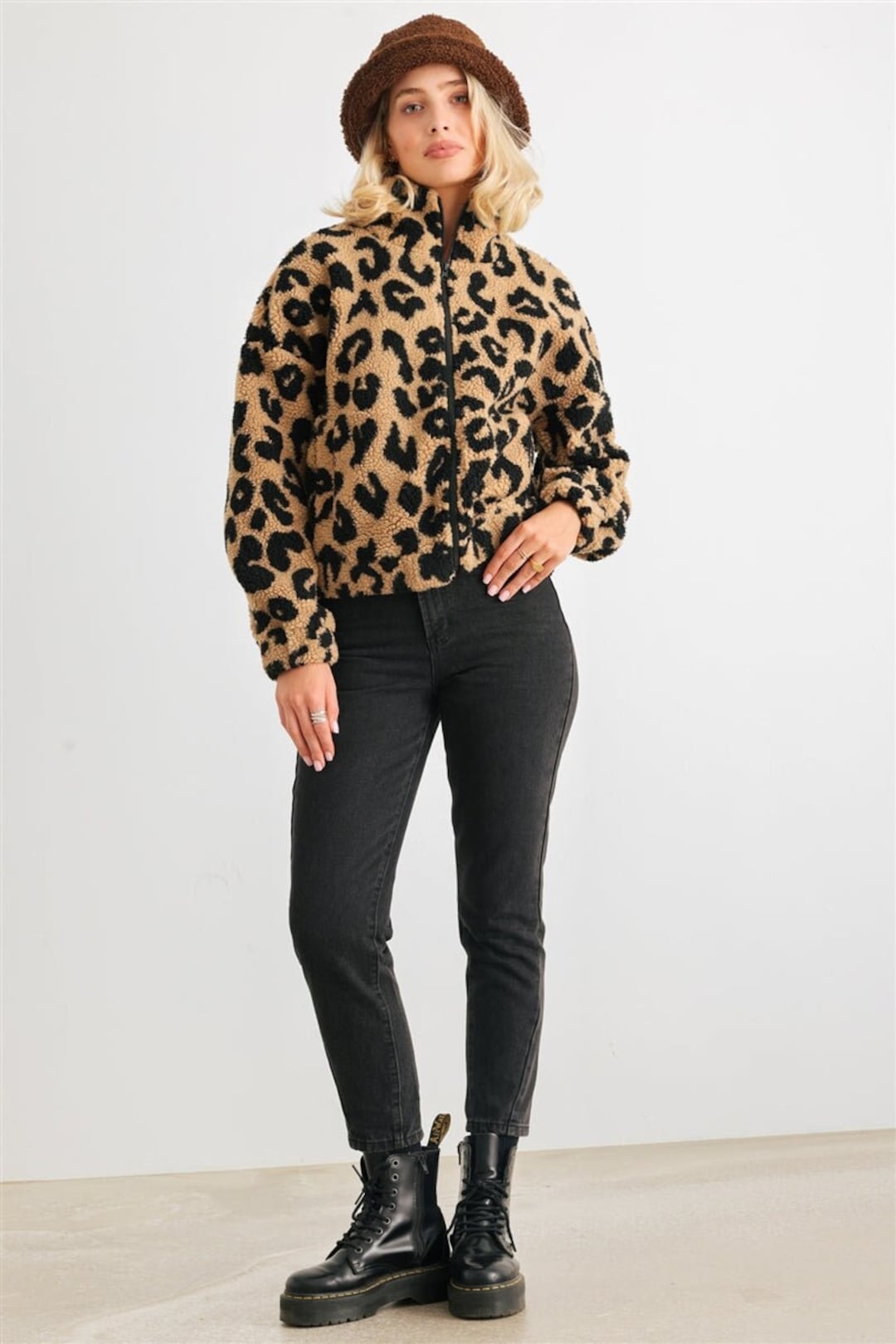 Fuzzy Turtleneck Leopard Zip Up Jacket