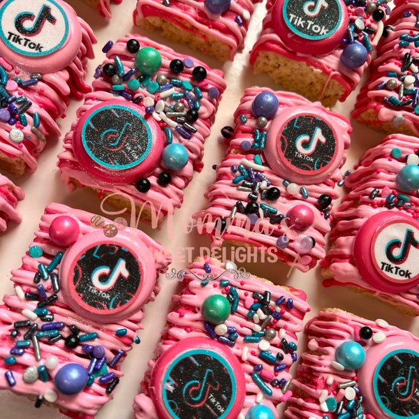 Tik Tok chocolate covered rice krispy treats, party favors, music party, Tik tok party, influencer, candy table