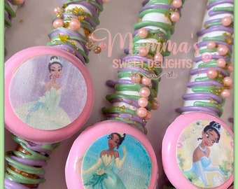 Princess Tiana Chocolate Covered pretzels, Princess party, party favors, Tiana party, birthday, candy table, birthday princess, frog