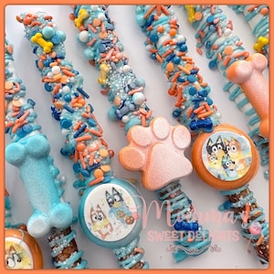 Blu Chocolate Covered pretzel, Blu Birthday party , puppy party favors, puppy party, paw prints, bones, bluey decor, candy table , bingo