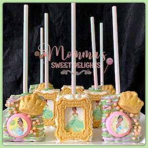 Princess Tiana Chocolate Covered Rice Krispies, Princess party, party favors, Tiana party, birthday, candy table, birthday princess, frog
