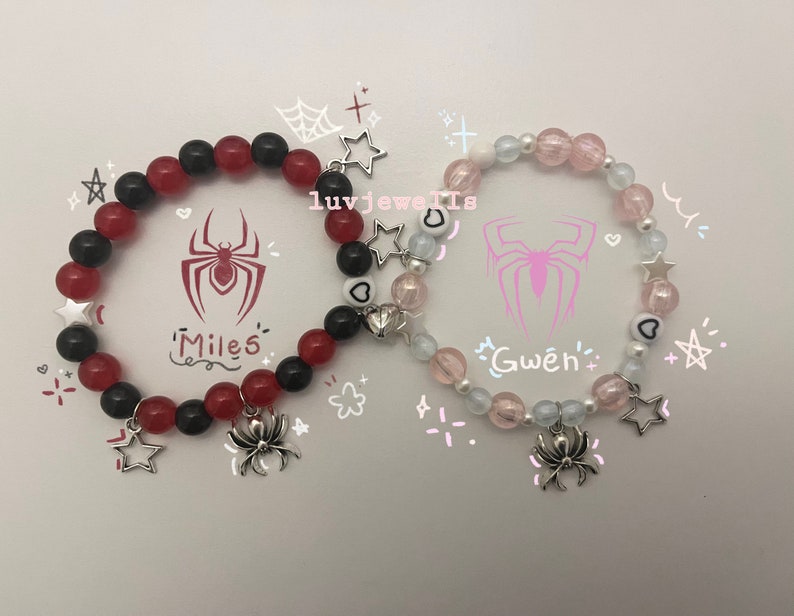 Spiderman Miles Morales & Gwen Stacy matching beaded bracelets, gift idea, y2k, coquette, bff, cute, couple, jewelry, charms, Aesthetic Both 🫶🏻