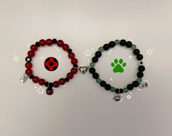 Black Cat and Ladybug inspired beaded bracelets, gift idea, bff. cute, coquette, y2k, couple, jewelry