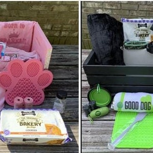 Dog Gift Basket - Dog Gifts, Treats and Accessories in wooden crate / toy box / storage. Starter kit for new puppy or dog. Pink and Camo