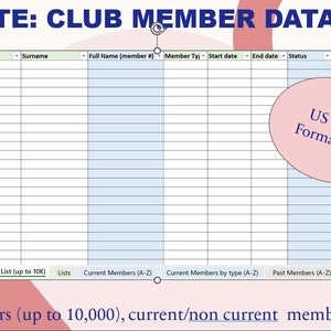 Excel Spreadsheet Template: Club Member Database US Date Formatting - Etsy