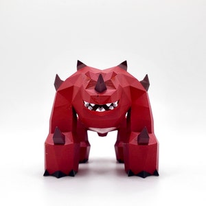 May include: Red, low-poly, 3D printed figurine of a monster with sharp teeth and horns. The monster is standing on all fours with its front legs extended.