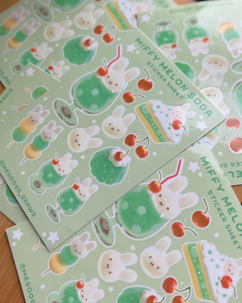 May include: Sheets of stickers featuring a cute bunny character with green melon soda, cherries, and cake illustrations. The stickers have a light green background with the text "MIFFY MELON SODA STICKER SHEET".