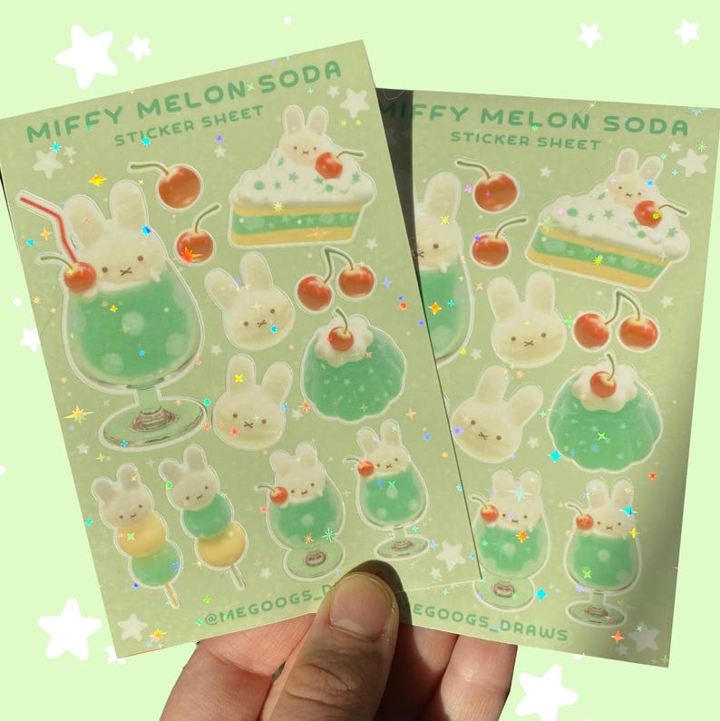 Sticker sheet with a green background and a holographic finish. The sticker sheets feature a cartoon bunny rabbit character drinking a green melon soda. The sticker sheets also feature a green melon pie, cherries, and other bunny rabbits. The text on the sticker sheets reads 'Miffy Melon Soda Sticker Sheet'.