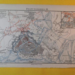 1884 Belagerung von Straßburg Vintage Geographische Karte Befestigungskrieg Frankreich C19-8