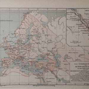 1886 Globale Auswirkungen des Black Death Map Pest Vintage ORIG. 30 x 23 cm C15-9
