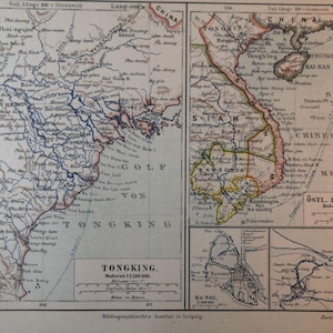 1887 Tonking Tonkin Vietnam Region Kambodscha Vintage Geographische Karte C19-8