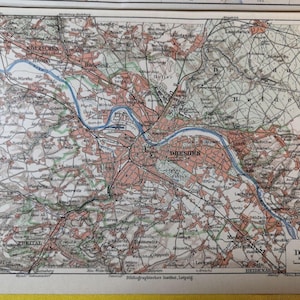 1885 - Dresde, Allemagne, carte géographique double vintage ORIGINAL 11,5 x 9,5 po. - C18-6