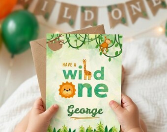 Personalised Safari 1st Birthday Card | Wild One | Lion Giraffe | Son Daughter Grandson Granddaughter Niece Nephew