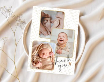 May include: A white card with three photo frames featuring baby photos. The card has a gold border and the words "Thank you" in cursive script. The background has a repeating "thank you" pattern.