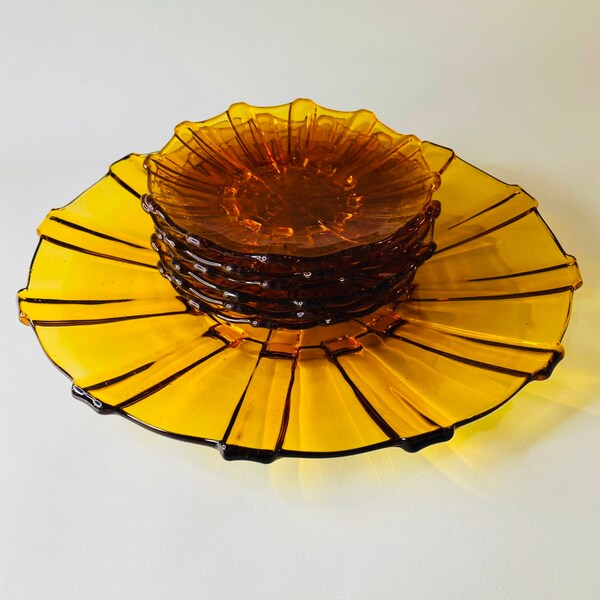 Ensemble de bols en verre pressé Art déco - Stölze Hermanova - 7 pièces - couleur ambre - Tchécoslovaquie