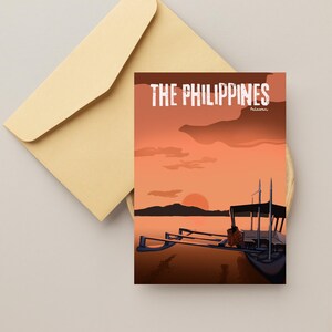 May include: A vintage travel poster design featuring a sunset over a body of water with a traditional Filipino boat called a "bangka" in the foreground. The text "THE PHILIPPINES" is in white letters at the top of the poster, with the word "Palawan" in smaller letters below.