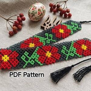 May include: A beaded choker featuring a black background with a repeating pattern of red flowers with yellow centres and green leaves. The choker has black string ties with tassels at each end. The text PDF Pattern is visible in the corner.