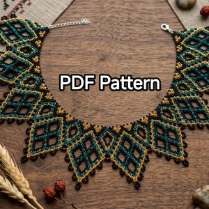 May include: A beaded necklace featuring a geometric diamond pattern in teal, gold, and black seed beads. The necklace has a silver-toned metal chain and clasp. The text "PDF Pattern" is centered in the middle of the beaded necklace design.