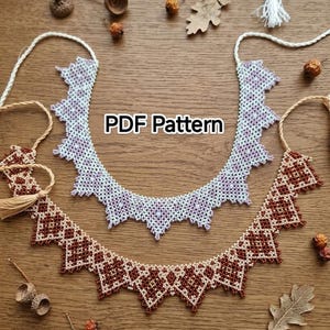 May include: Two beaded necklaces featuring a pointed, geometric pattern. One necklace is white and lavender, the other is cream and dark brown. Both have braided ties and the text PDF Pattern is centred between them on the image.