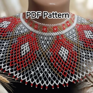 May include: A wide, collar-style beaded necklace featuring a complex lattice pattern in red, white, silver, and gold beads. The design includes geometric diamond shapes and a high neck band. The text "PDF Pattern" is visible at the top centre.