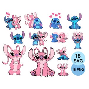 May include: A selection of cartoon illustrations featuring the characters Stitch and Angel. Stitch is depicted in blue, Angel in pink, in various poses, including hugging and with hearts. Two blue circles with the text "18 SVG" and "18 PNG" are also present.