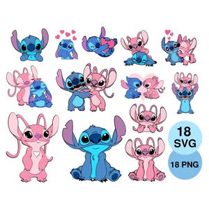 Puede incluir: Una colección de ilustraciones de dibujos animados con los personajes Stitch y Angel en varias poses. Las imágenes son en tonos de azul y rosa, algunas incluyen corazones. La imagen también incluye el texto "18 SVG" y "18 PNG".